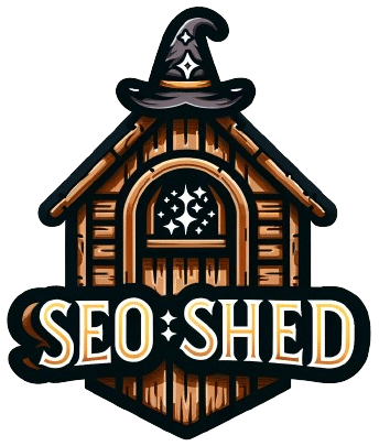 Image of a shed wearing a wizards hat with 'SEO shed' written over it.